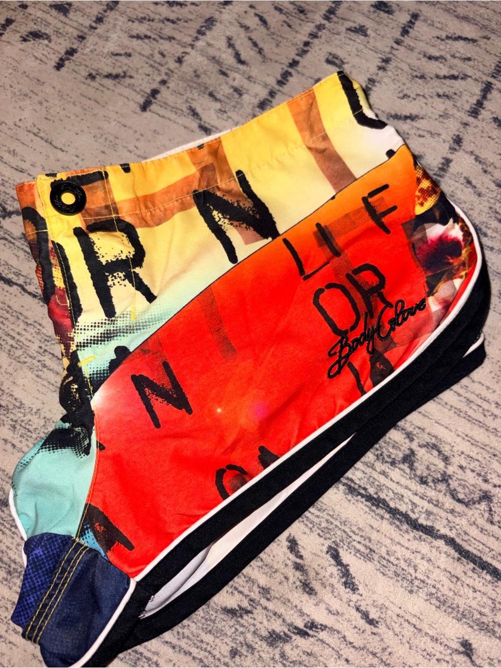 Colorful Graphic Board Shorts with Script Print